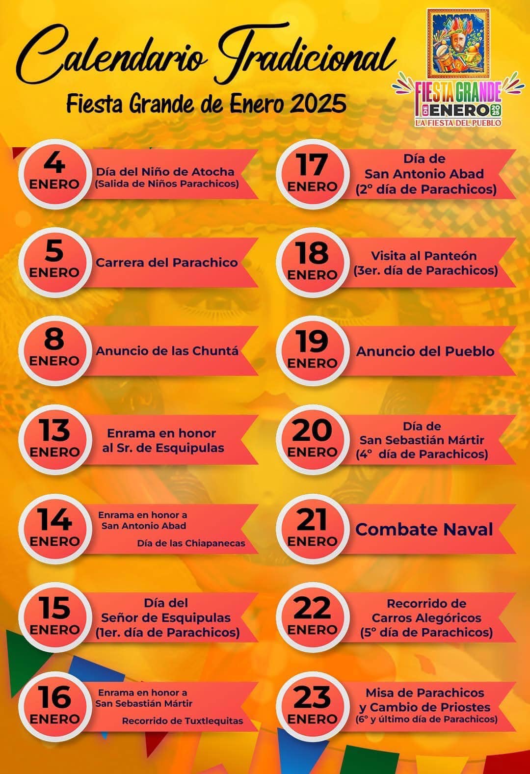 Calendario Tradicional Fiesta Grande de Enero Chiapa de Corzo 2025