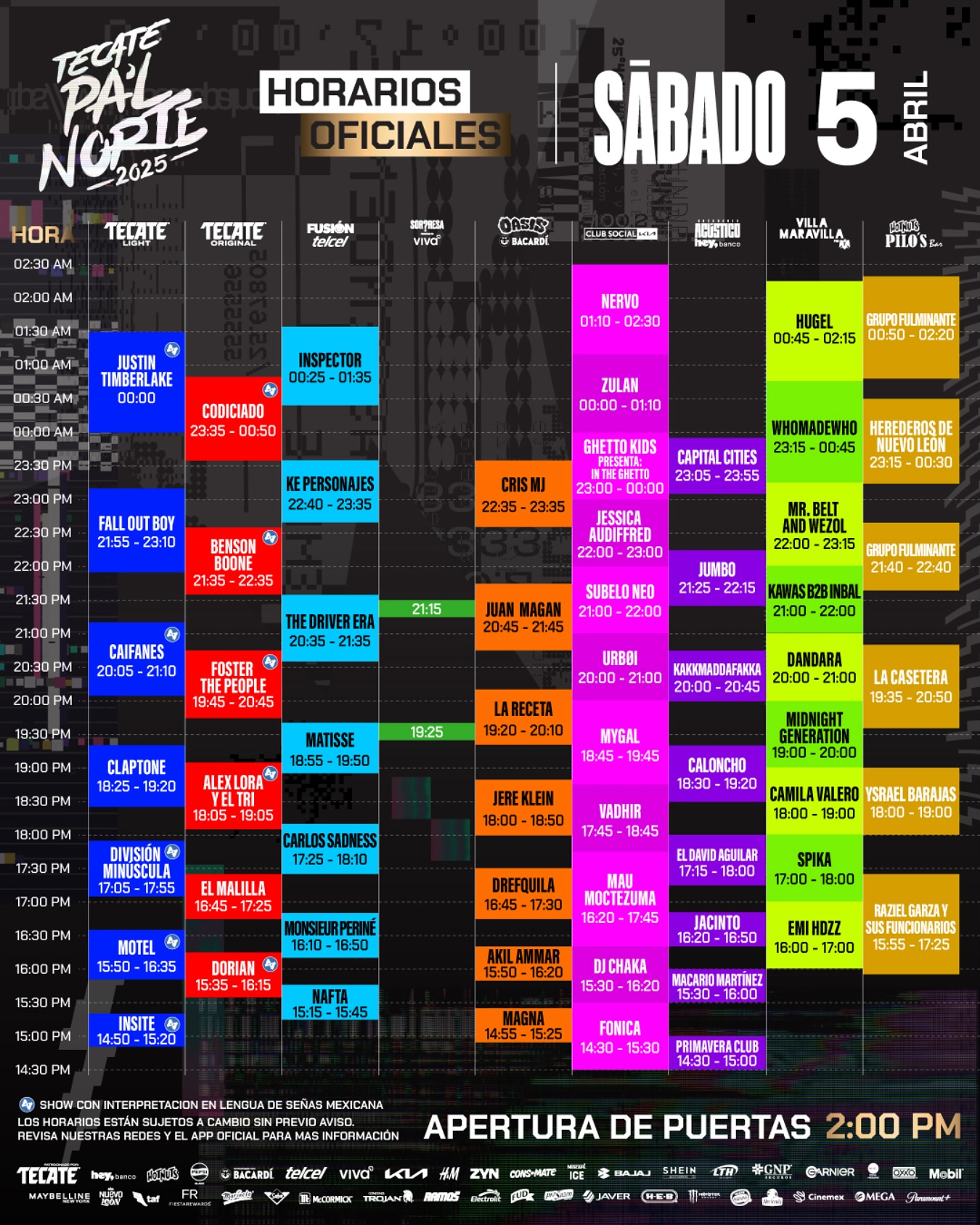 Horarios Sábado 5 abril - Tecate Pa'l Norte 2025