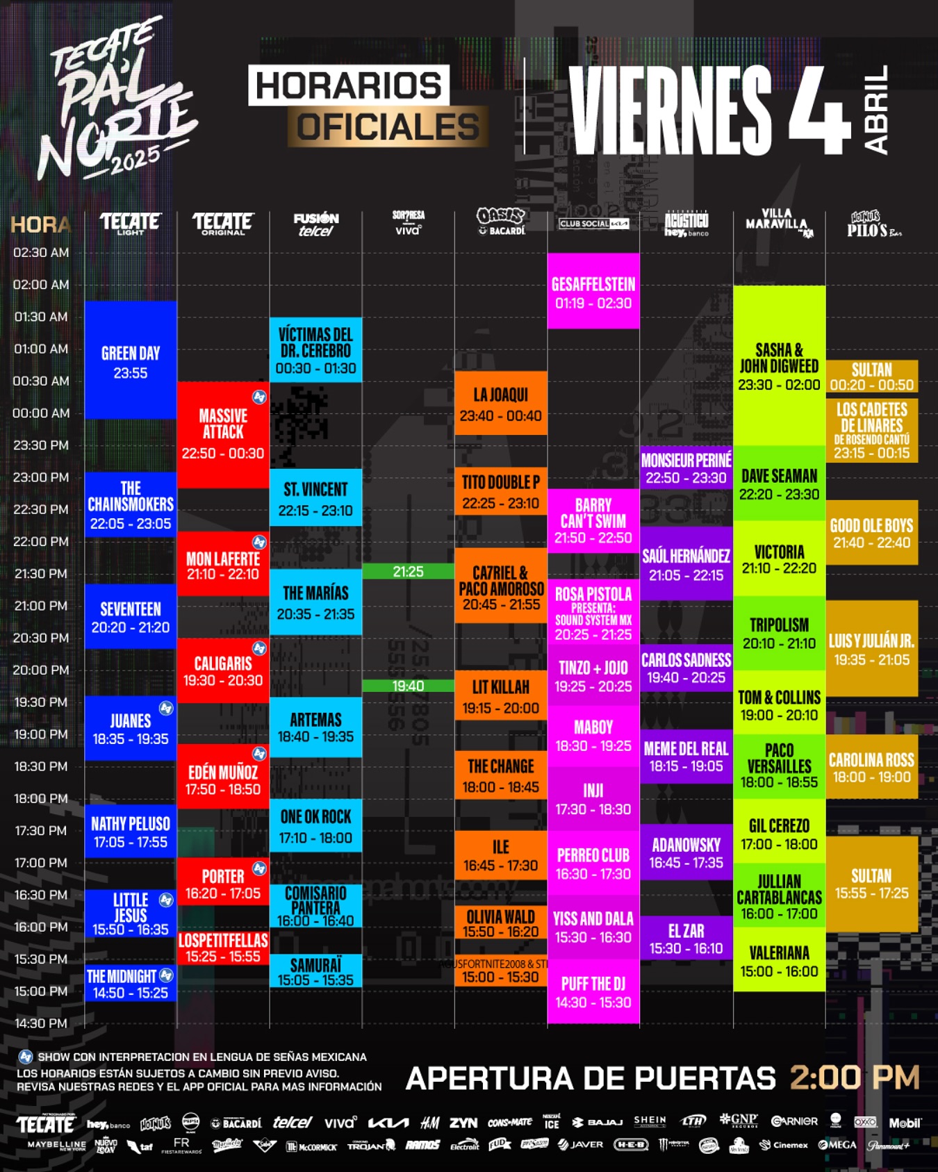 Horarios Viernes 4 abril - Tecate Pa'l Norte 2025
