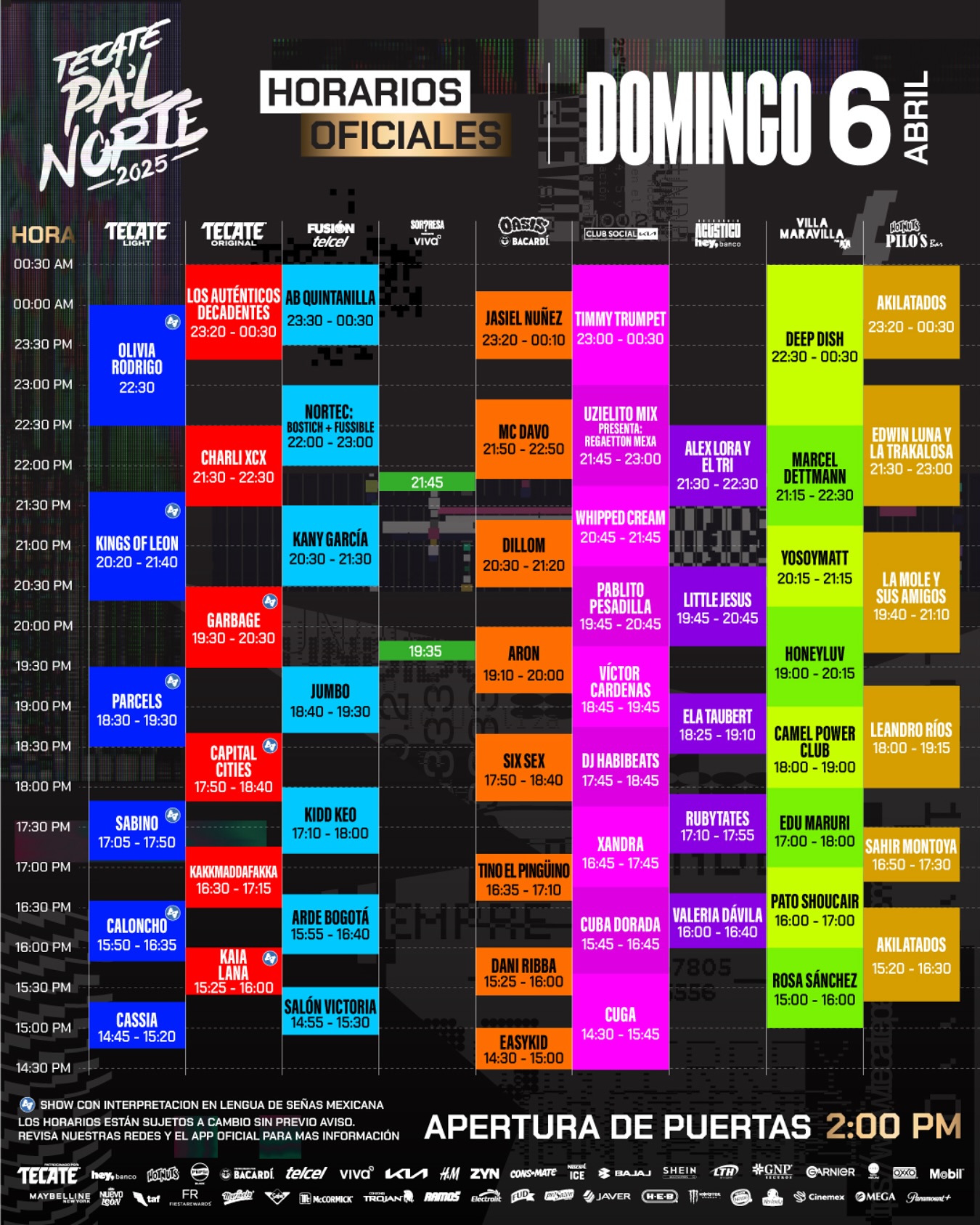 Horarios Domingo 6 abril - Tecate Pa'l Norte 2025