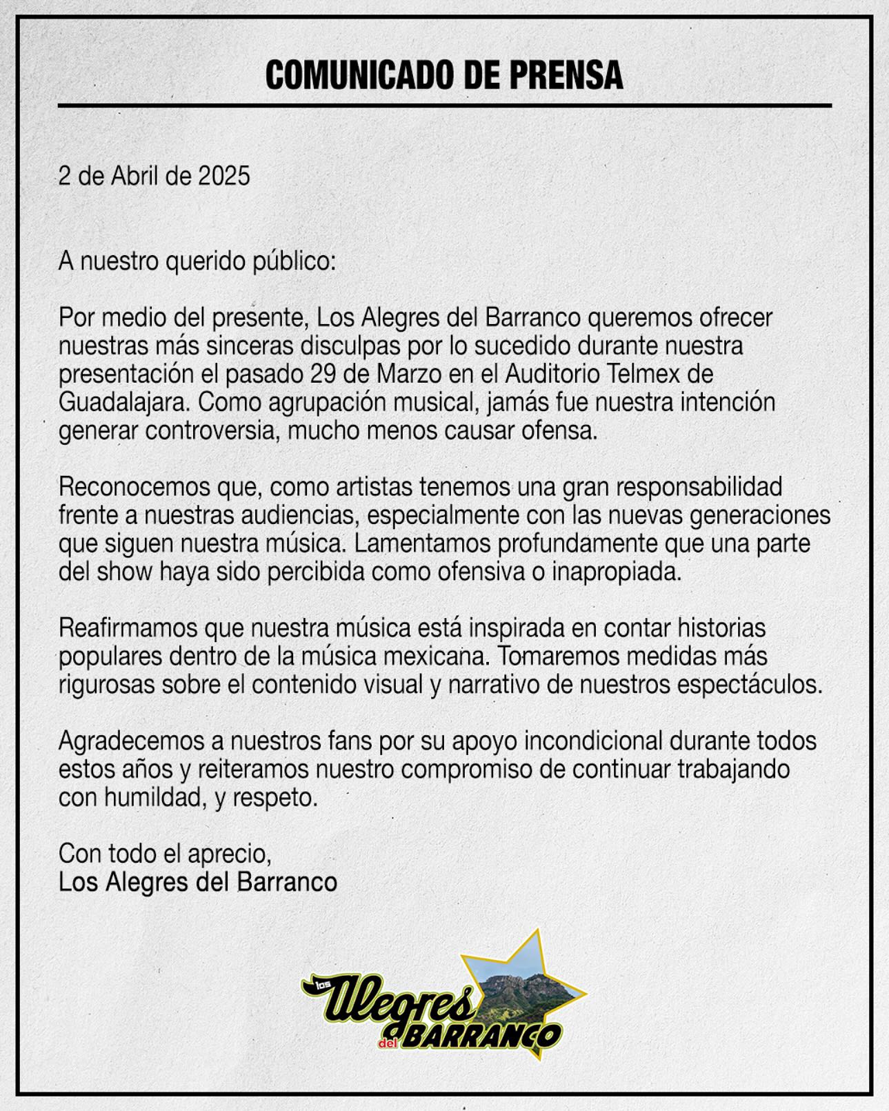 Los Alegres del Barranco emiten comunicado oficial ofreciendo disculpas