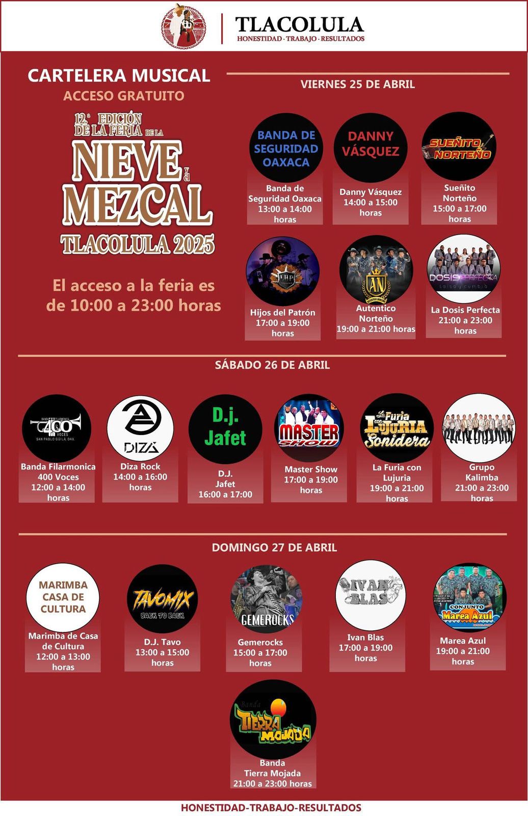 Cartelera artística Feria de la Nieve y el Mezcal Tlacolula 2025