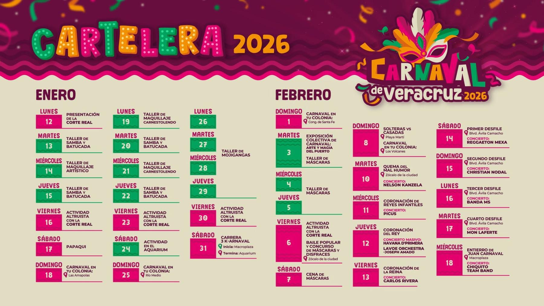 Cartelera estelar Carnaval de Veracruz 2026