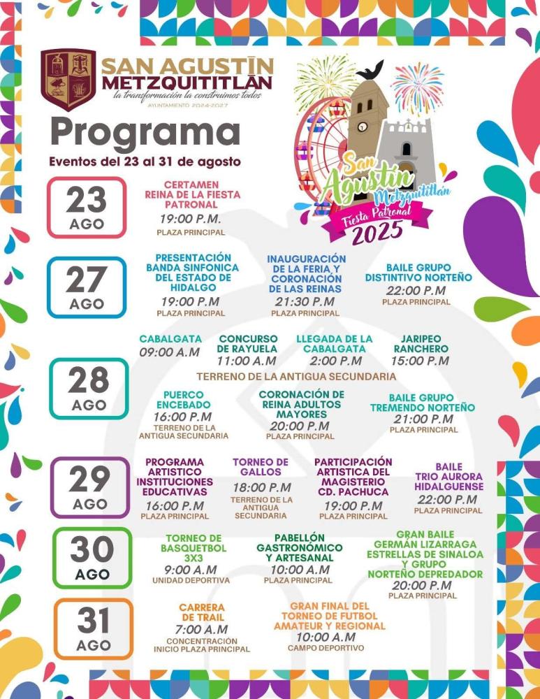 Cartelera – Fiesta Patronal San Agustín Metzquititlán 2025