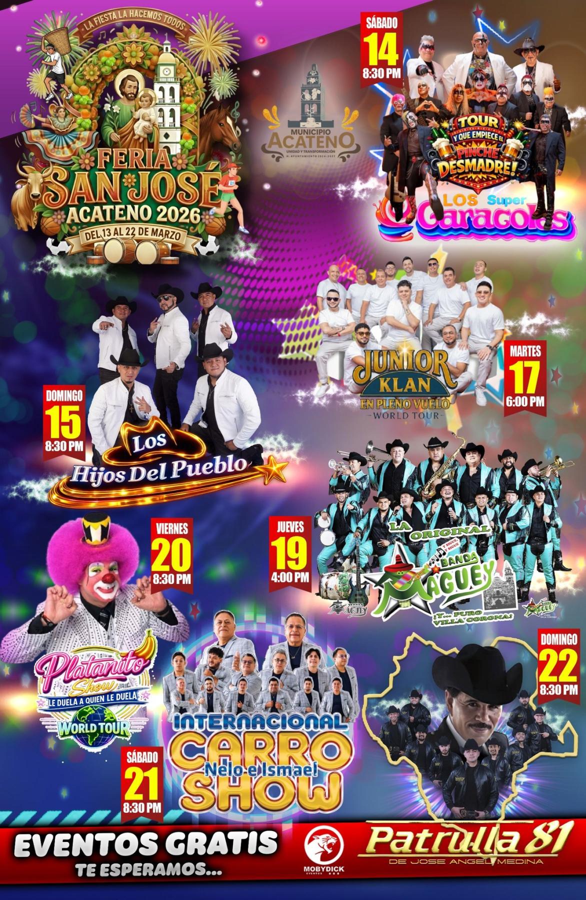 Cartelera artística Feria San José Acateno 2026