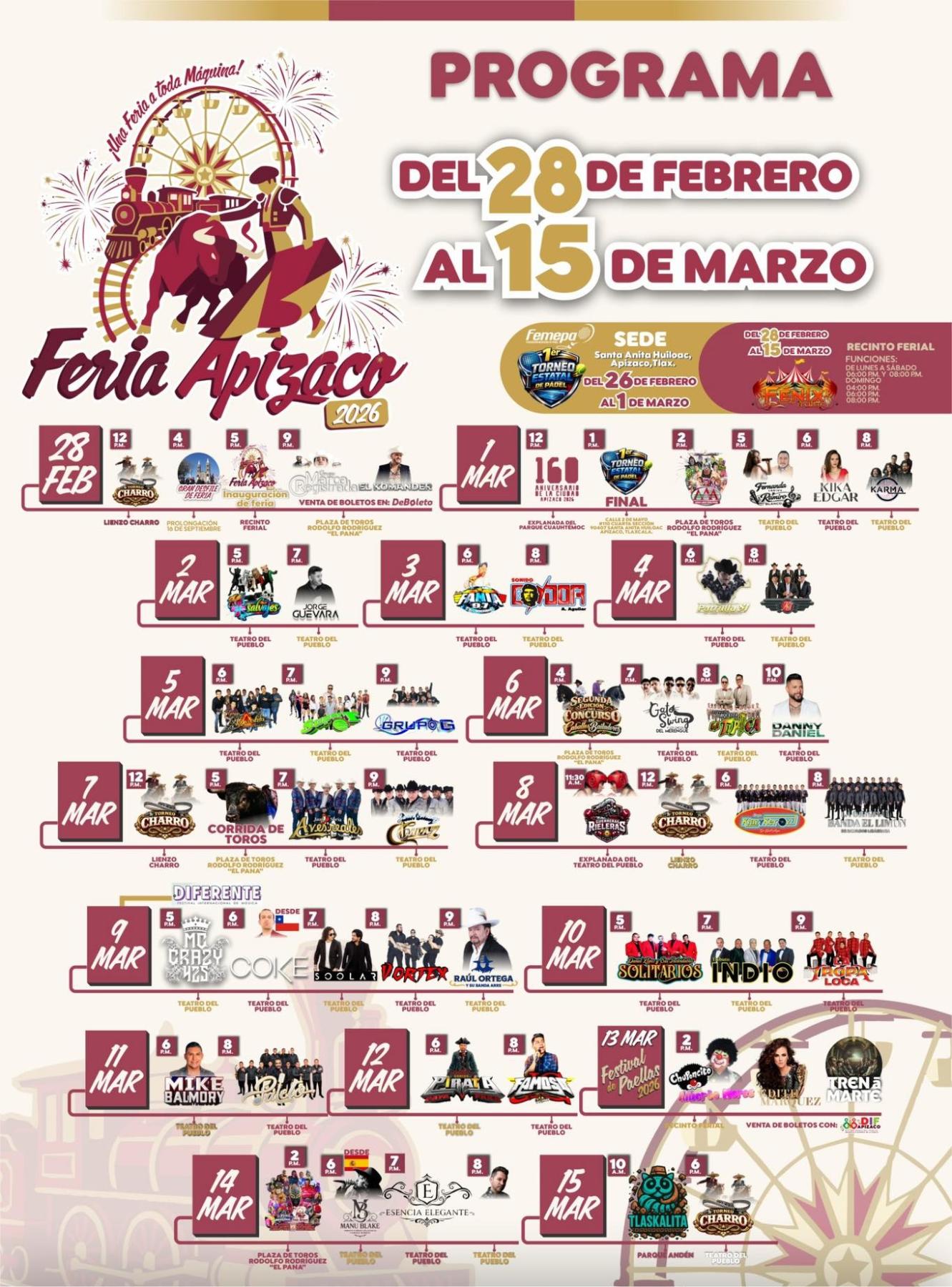 Cartelera artística Feria Apizaco 2026