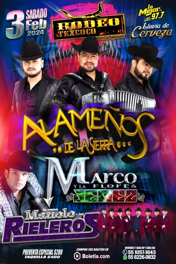 Alameños de la Sierra, Banda Jerez y Manolo y sus Rieleros en Rodeo Texcoco, Febrero 2024
