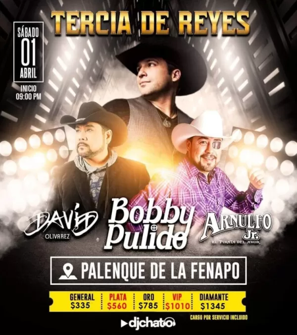 Bobby Pulido, David Olivarez y Arnulfo Jr en el Palenque FENAPO, Abril 2023 Bobby Pulido, David Olivarez y Arnulfo Jr en el Palenque FENAPO, Abril 2023
