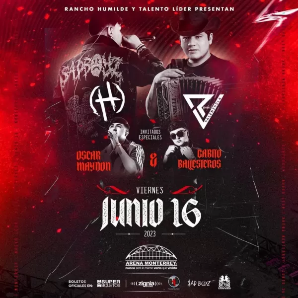 Junior H, Remmy Valenzuela, Gabito Ballesteros y Oscar Maydon en la Arena Monterrey, Junio 2023 Junior H, Remmy Valenzuela, Gabito Ballesteros y Oscar Maydon en la Arena Monterrey, Junio 2023