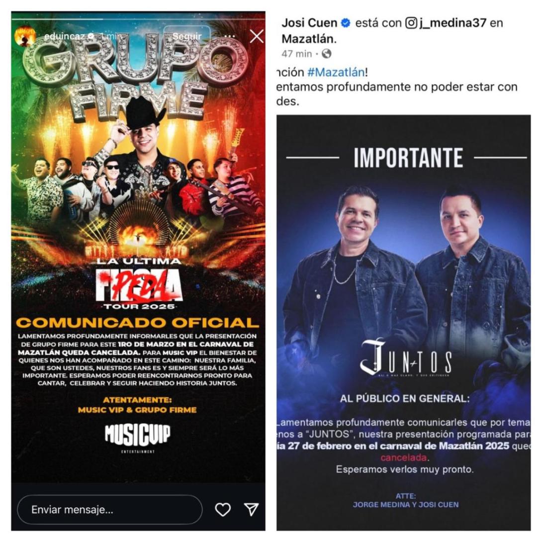 Grupo Firme, Jorge Medina y Josi Cuen cancelan sus conciertos en el Carnaval de Mazatlán 2025 Grupo Firme, Jorge Medina y Josi Cuen cancelan sus conciertos en el Carnaval de Mazatlán 2025