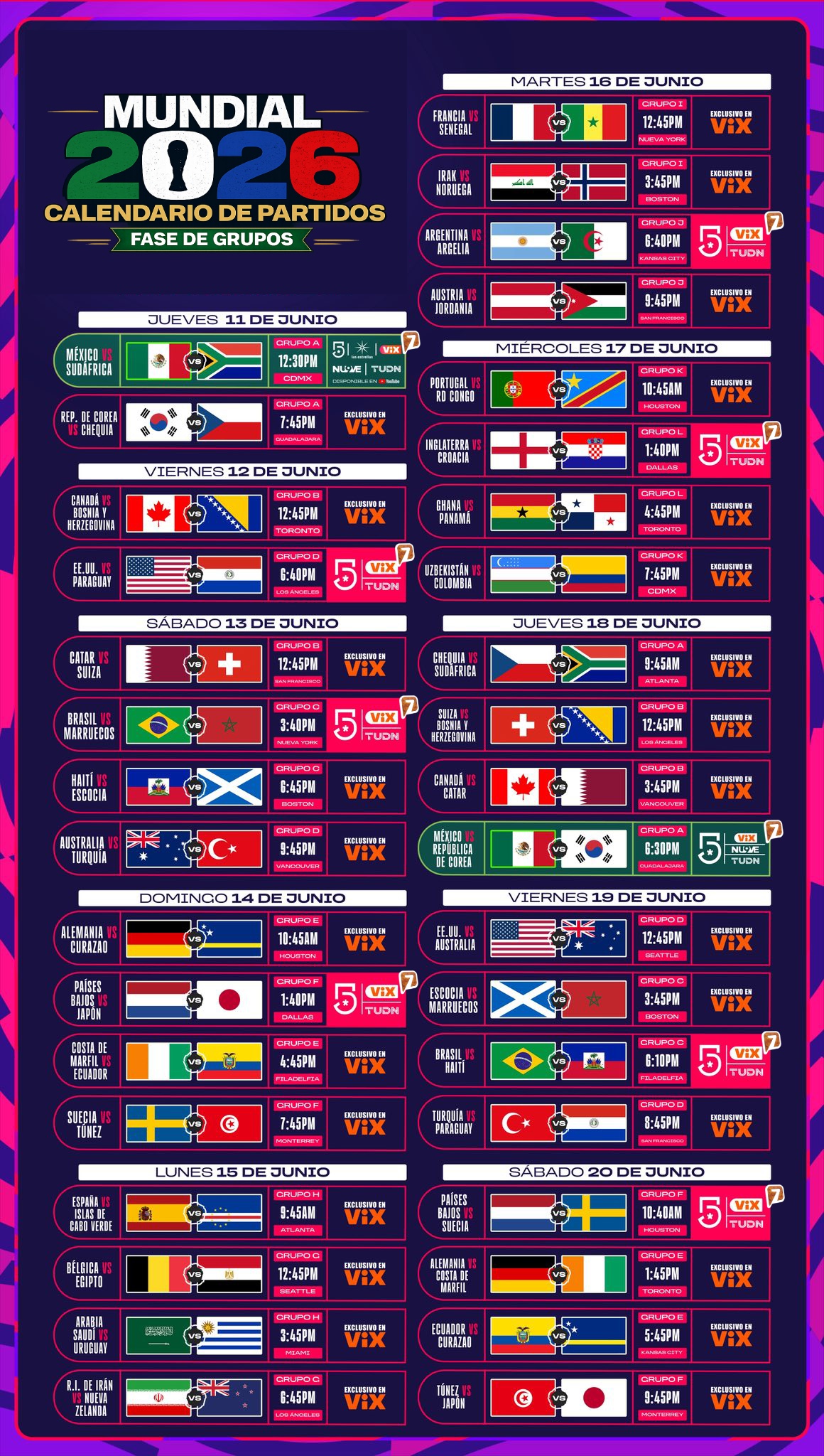 Calendario Mundial 2026 Fase de Grupos Parte 1