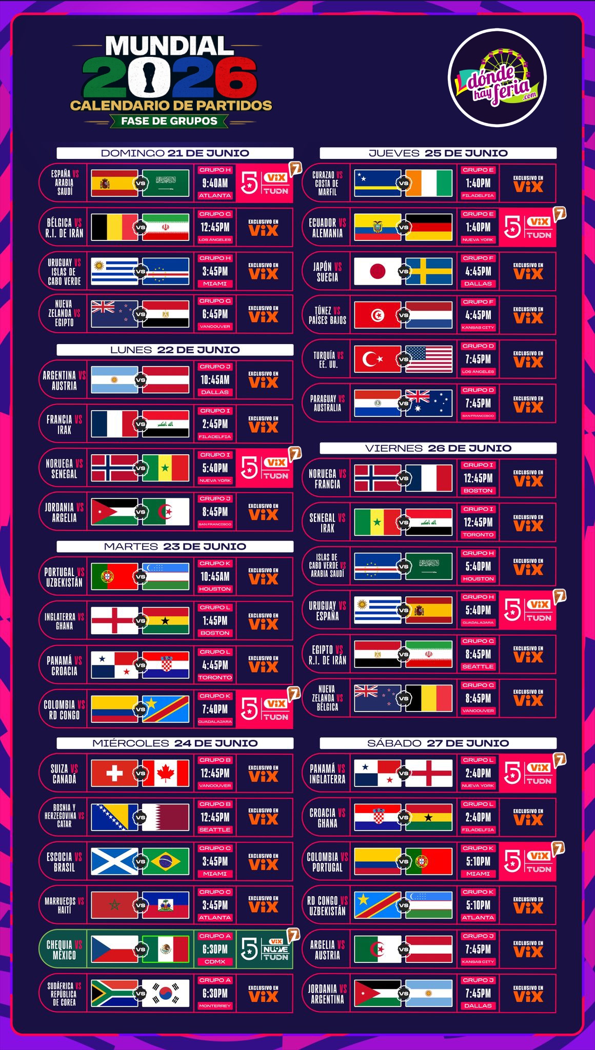 Calendario Mundial 2026 Fase de Grupos Parte 2