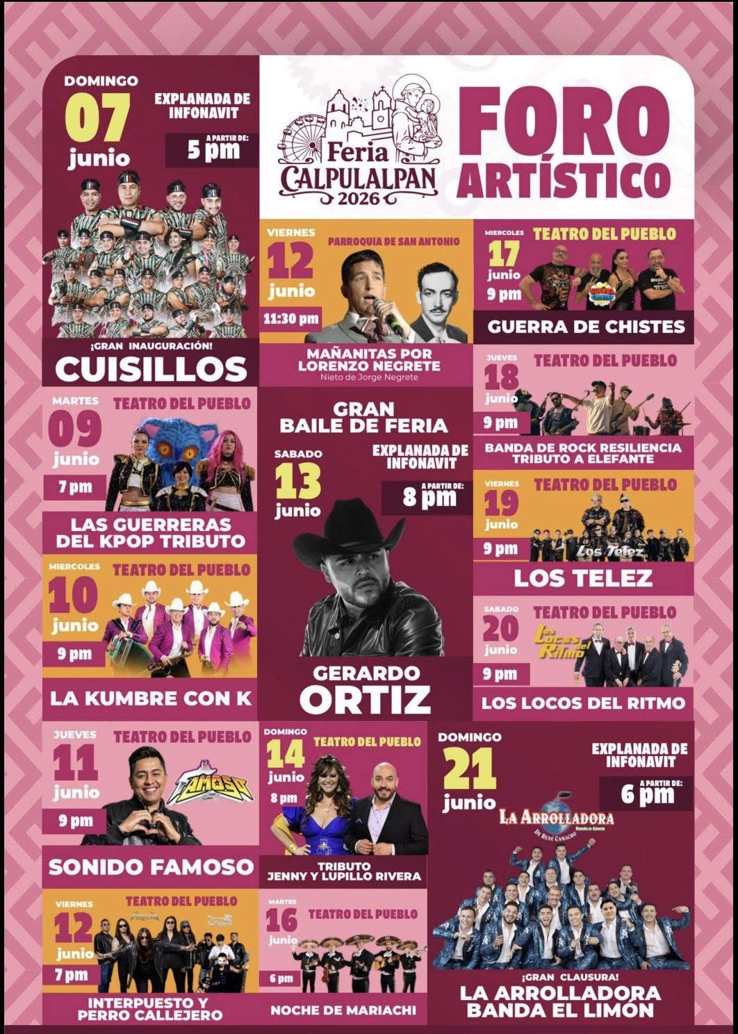 Cartelera Artística Feria Calpulalpan 2026
