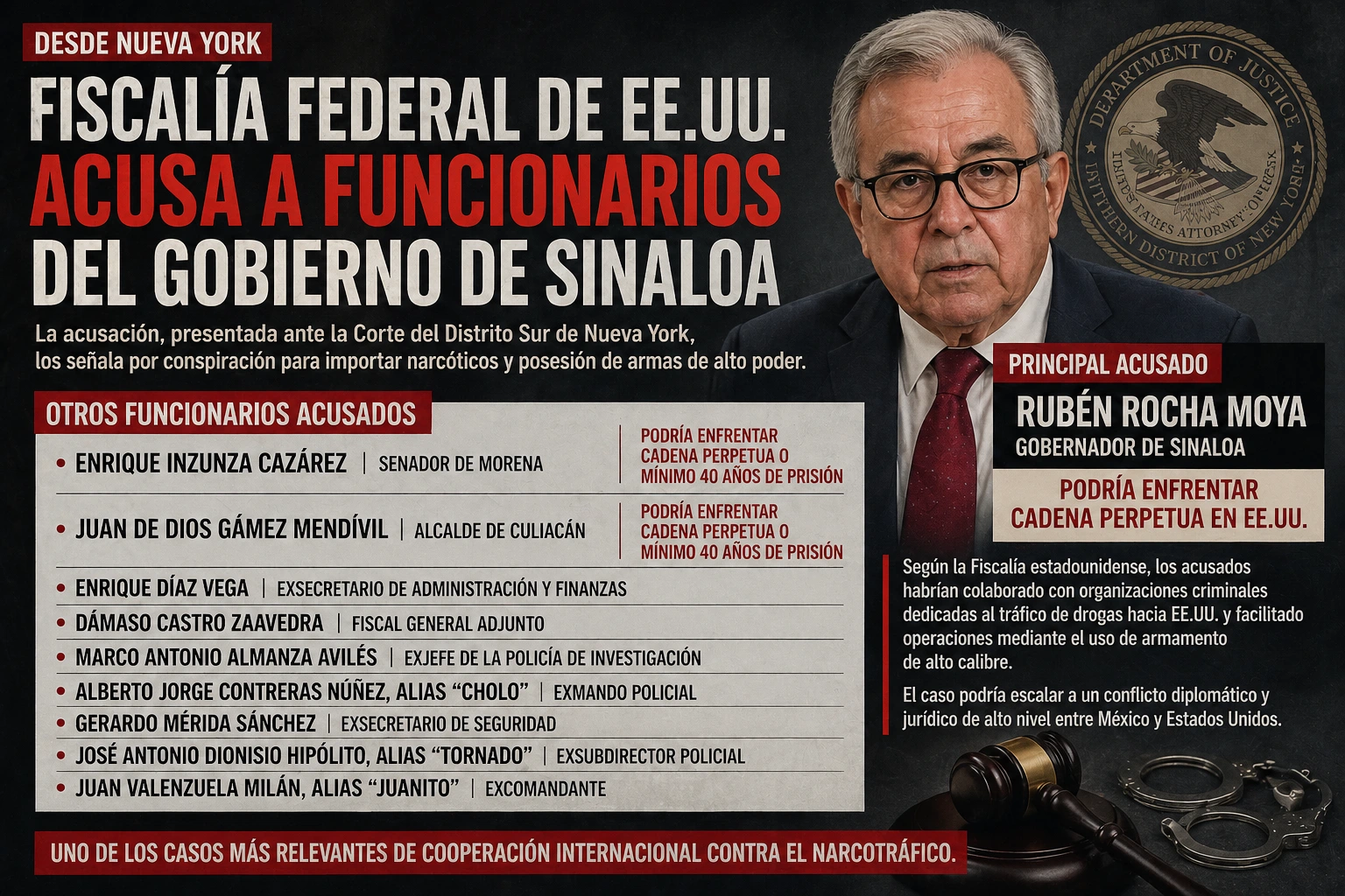 Rubén Rocha Moya y más acusados por Estados Unidos