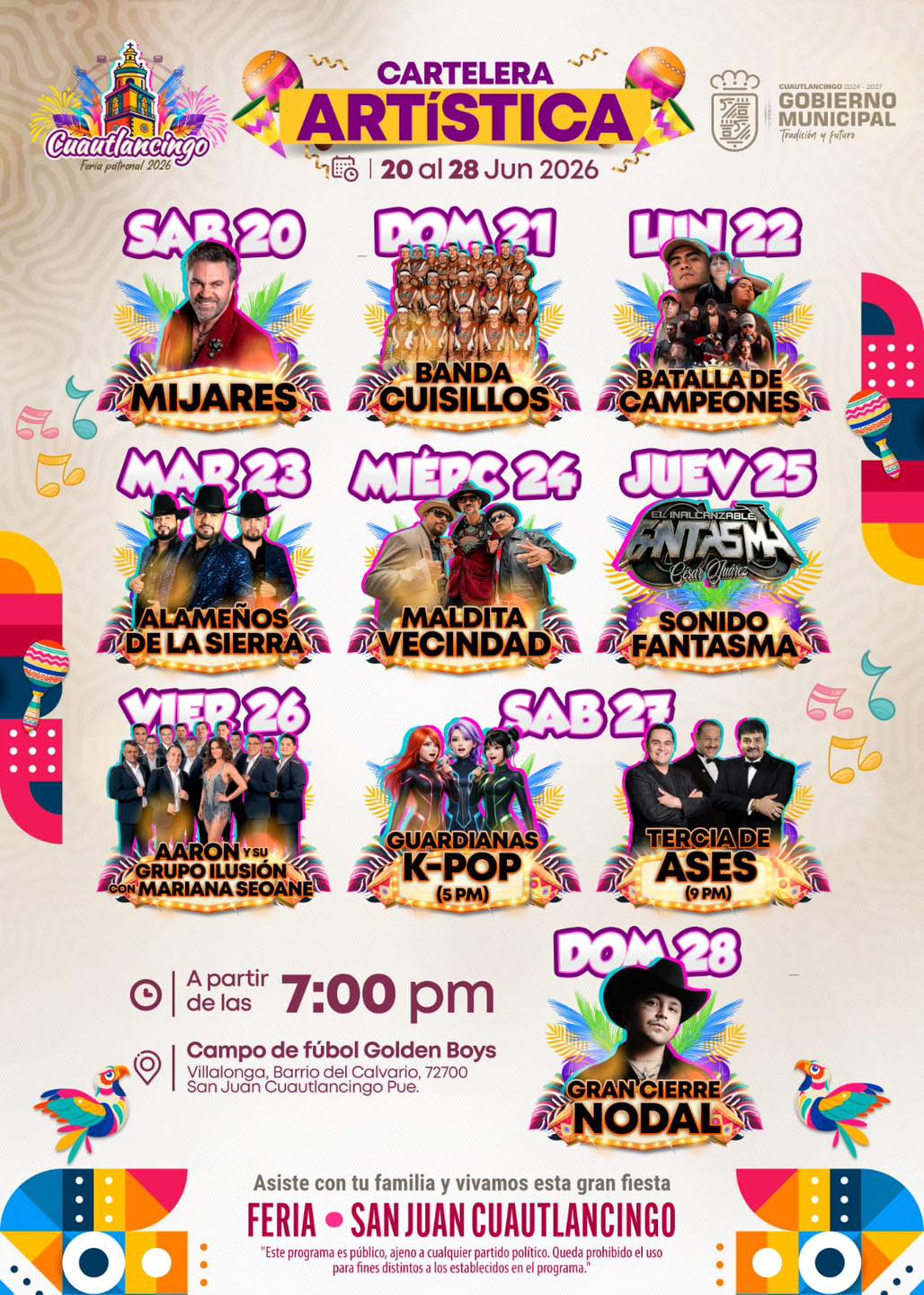 Cartelera artística Feria Cuautlancingo 2026