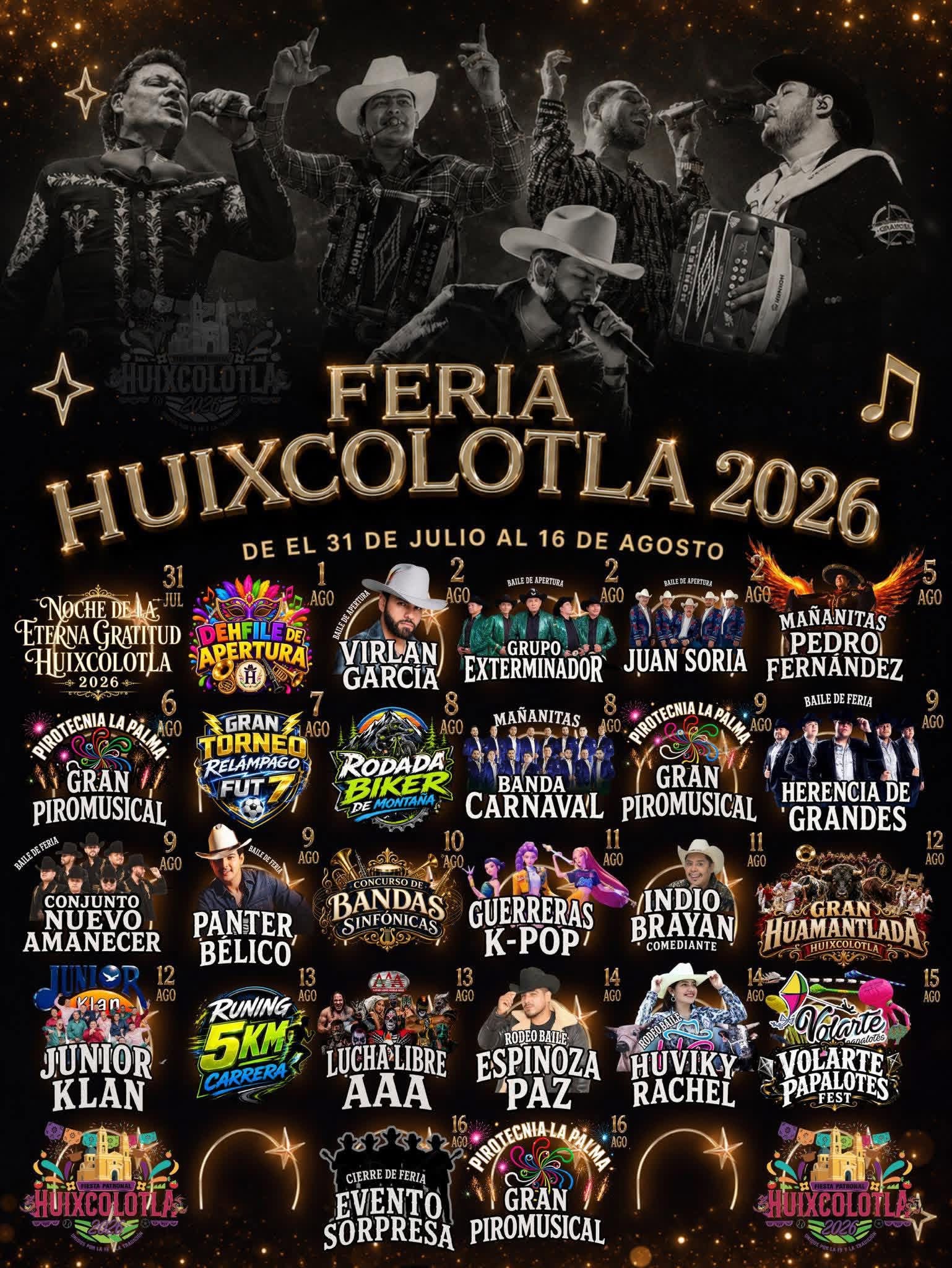 Cartelera artística Fiesta Patronal Huixcolotla 2026