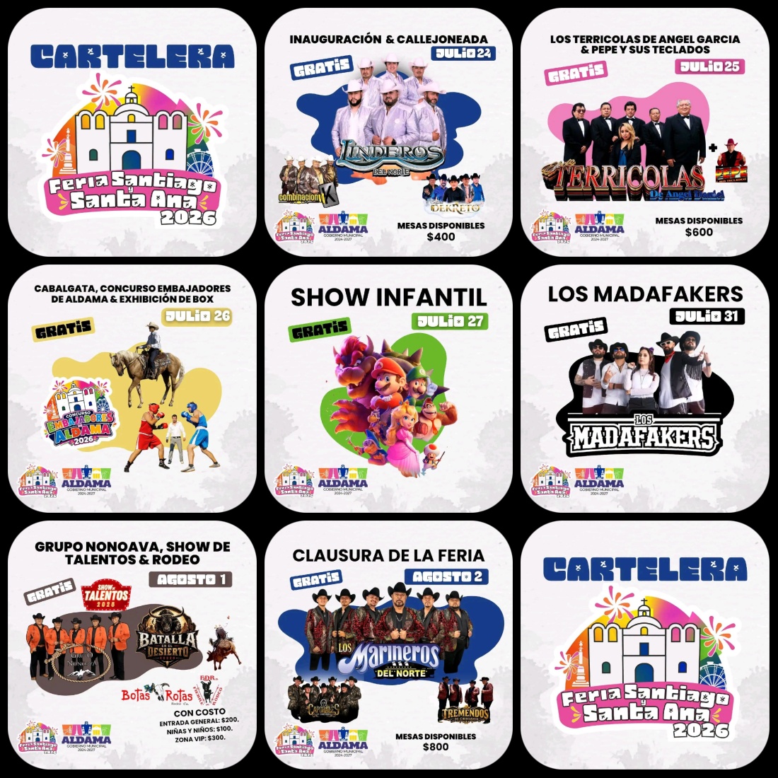 Cartelera artística Feria Patronal Santiago y Santa Ana Aldama 2026