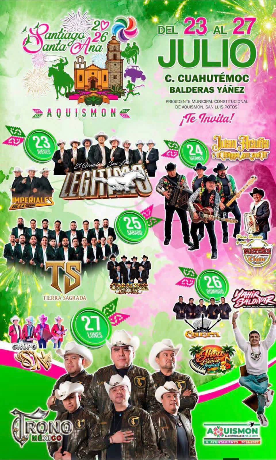 Cartelera artística Feria Santiago y Santa Ana Aquismón 2026