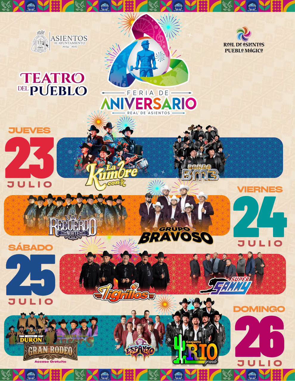 Cartelera artística Feria de Aniversario Real de Asientos 2026