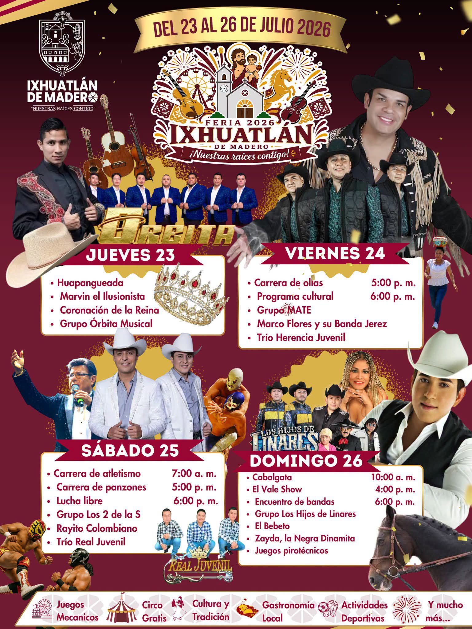 Cartelera artística Fiesta Patronal Ixhuatlán de Madero 2026