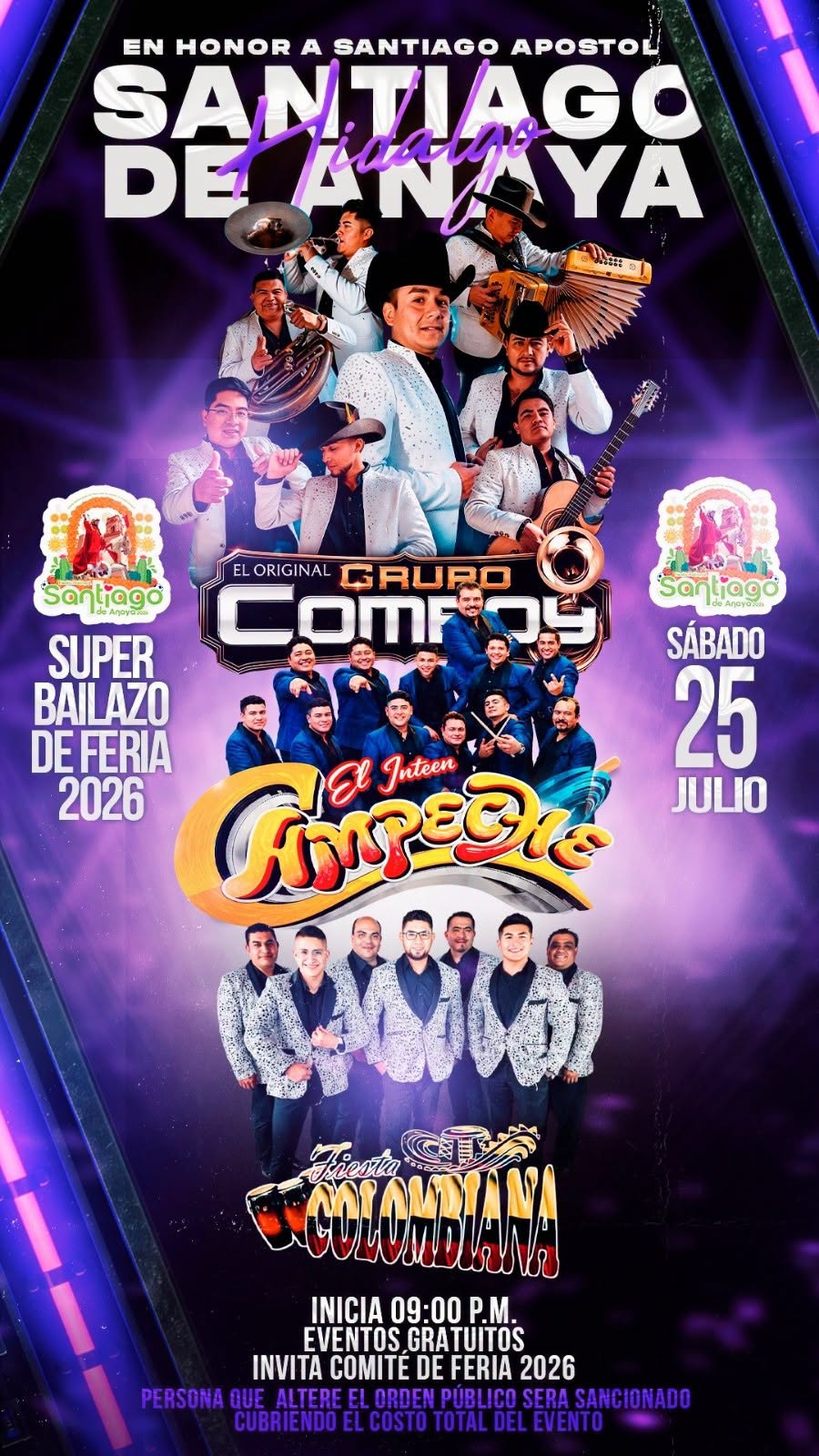 Sábado 25 de julio: Concurso de Castillos. Baile con Grupo Comboy, El Internacional Campeche, Fiesta Colombiana