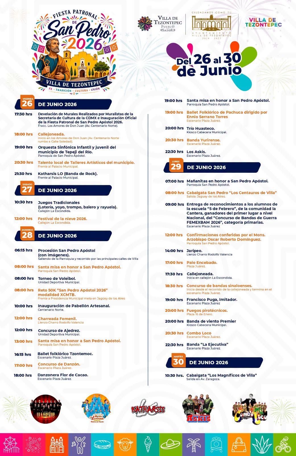 Programa y cartelera artística Fiesta Patronal Villa de Tezontepec 2026