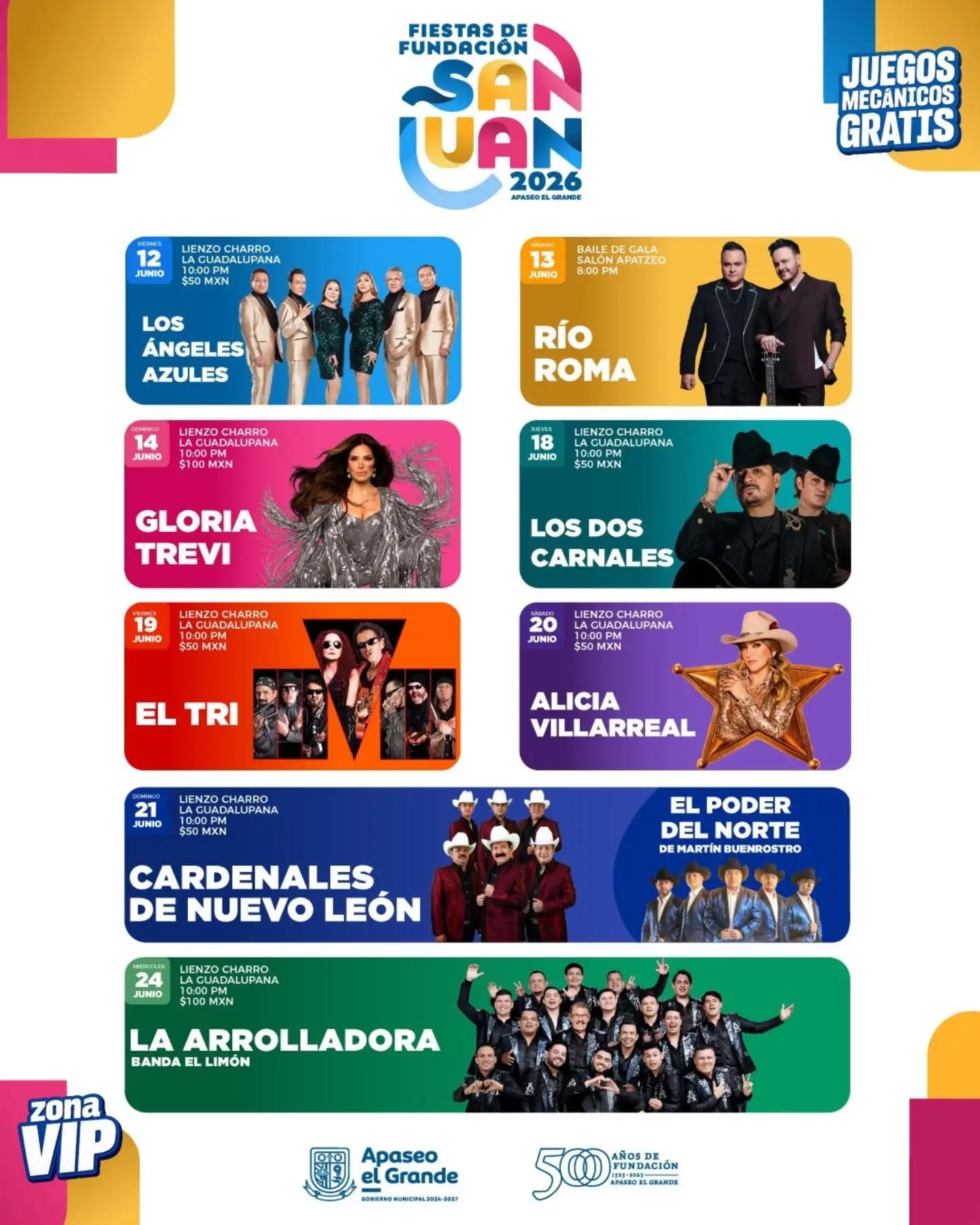 Cartelera artística Fiestas de Fundación y San Juan Apaseo 2026