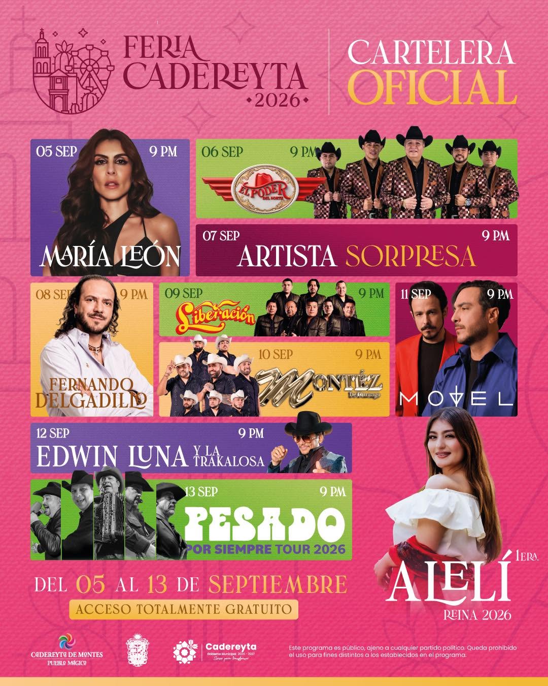 Cartelera Artística Feria Cadereyta Querétaro 2026