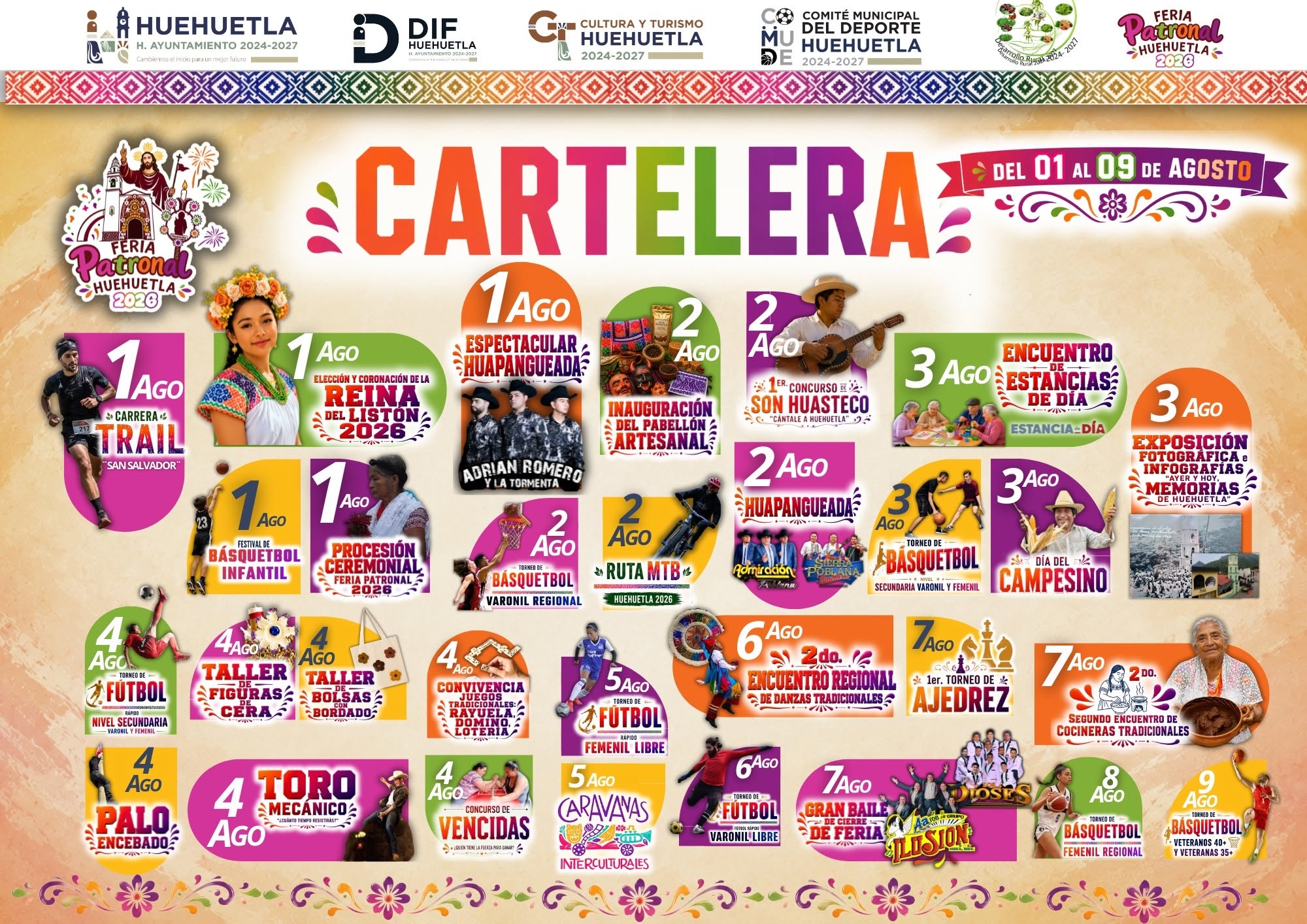 Cartelera Artística Feria Patronal Huehuetla Puebla 2026