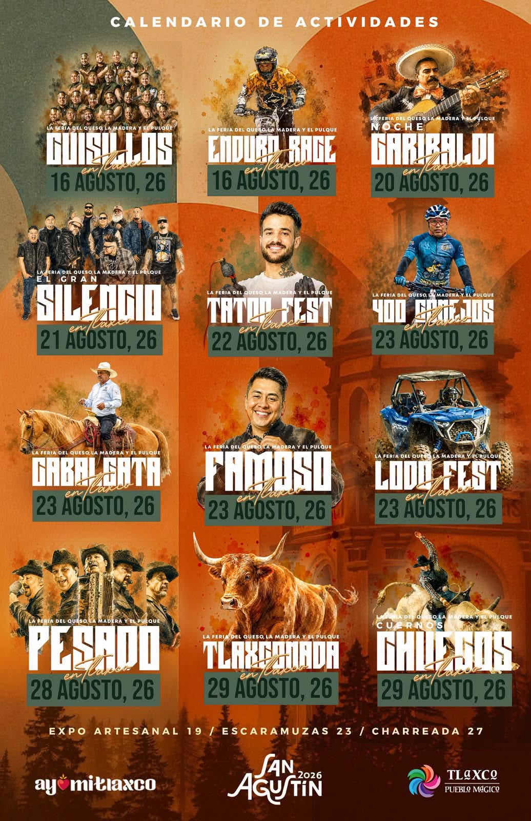 Cartelera Artística Feria del Queso, La Madera y el Pulque San Agustín Tlaxco 2026