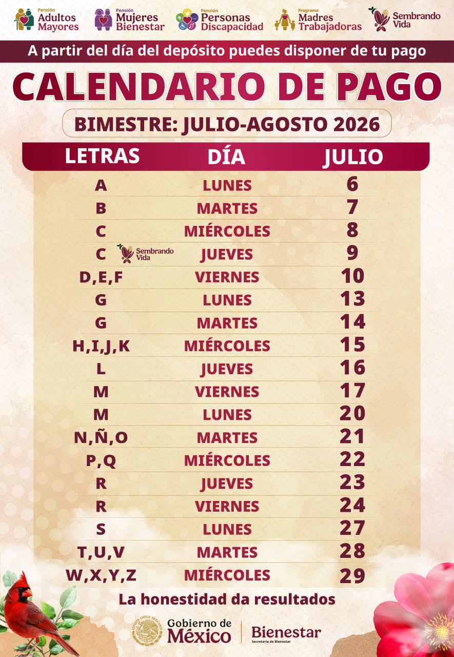 Calendario Pagos Programas Bienestar Julio-Agosto 2026