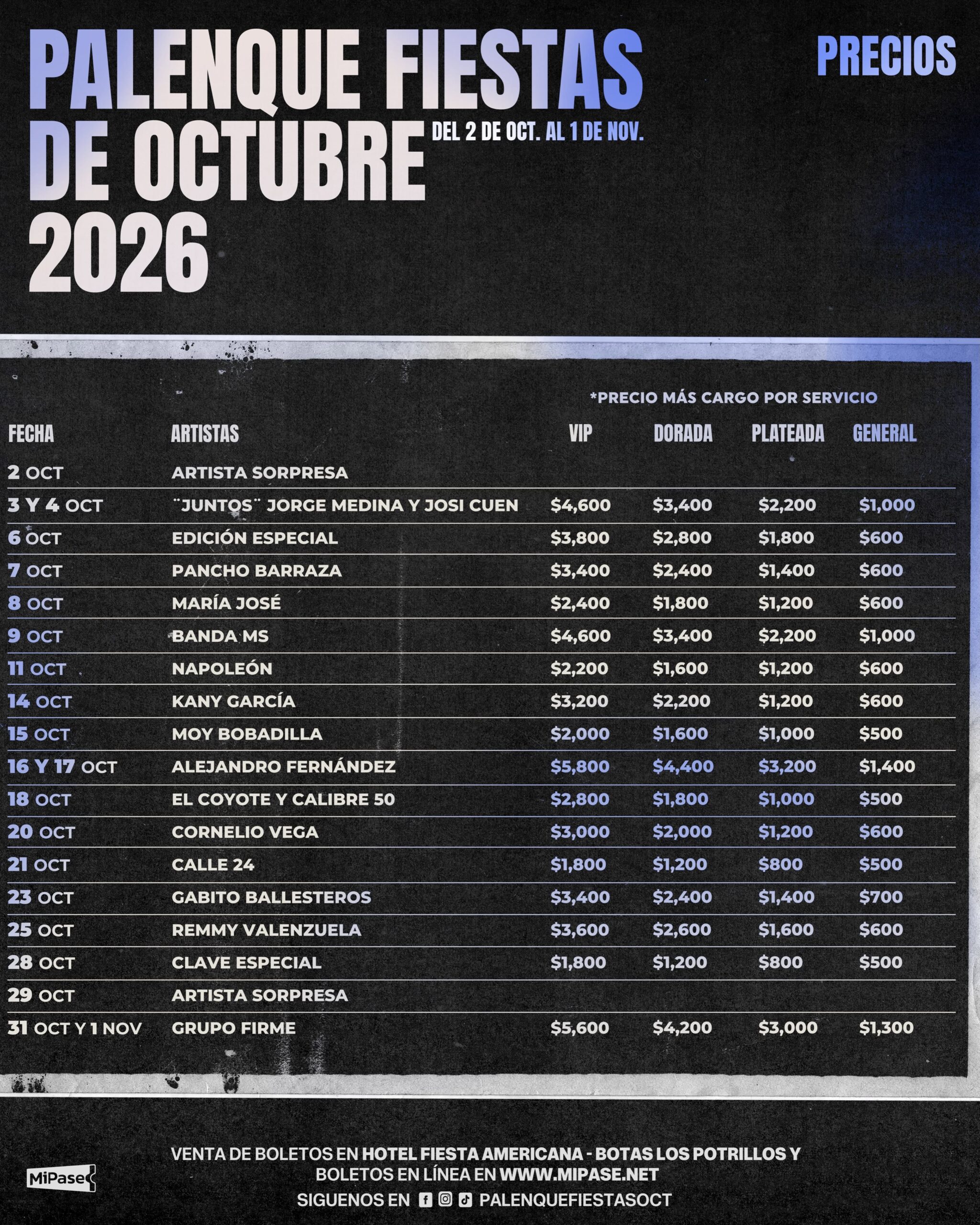 Precios Palenque Fiestas de Octubre 2026