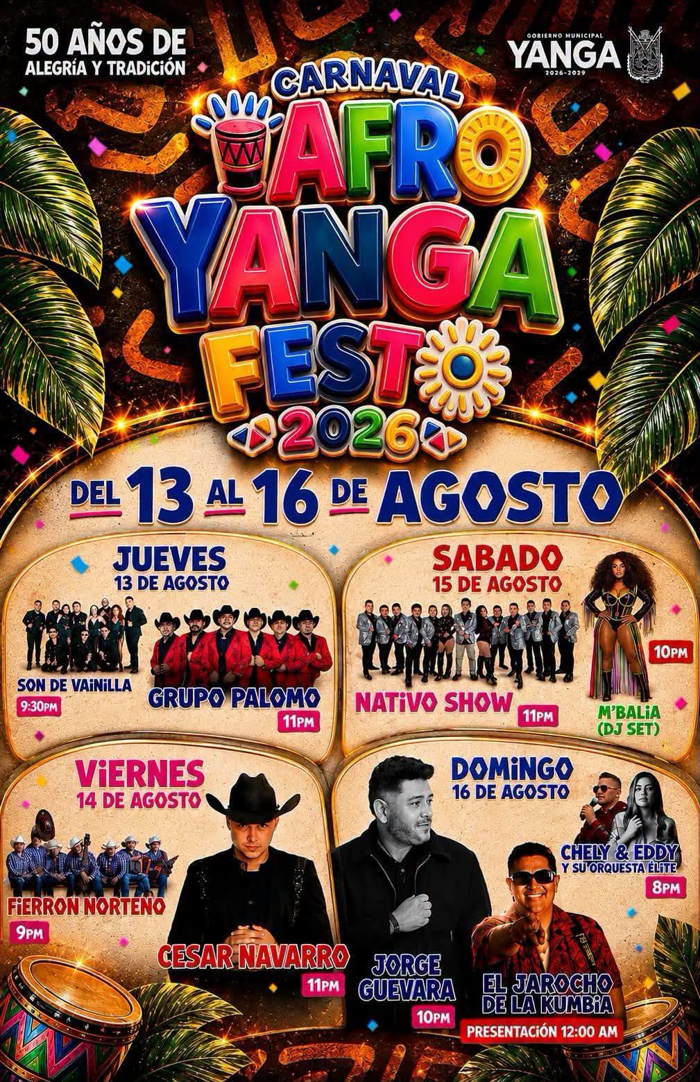 Cartelera artística Carnaval Afro Yanga Fest 2026