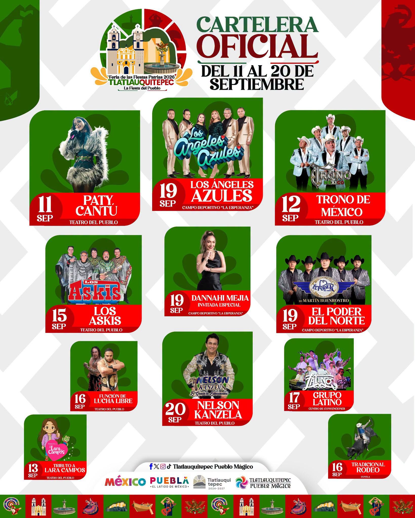 Cartelera artística Feria de Fiestas Patrias Tlatlauquitepec 2026