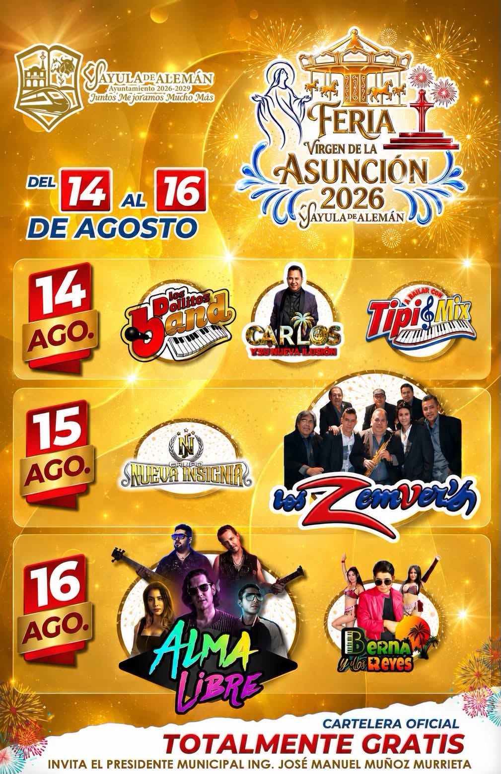 Cartelera artística Feria de la Asunción Sayula de Alemán 2026