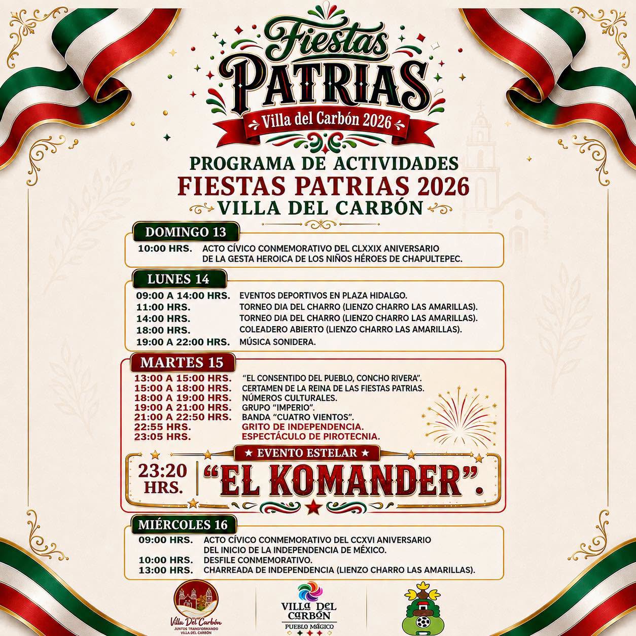 Cartelera artística Fiestas Patrias Villa del Carbón 2026