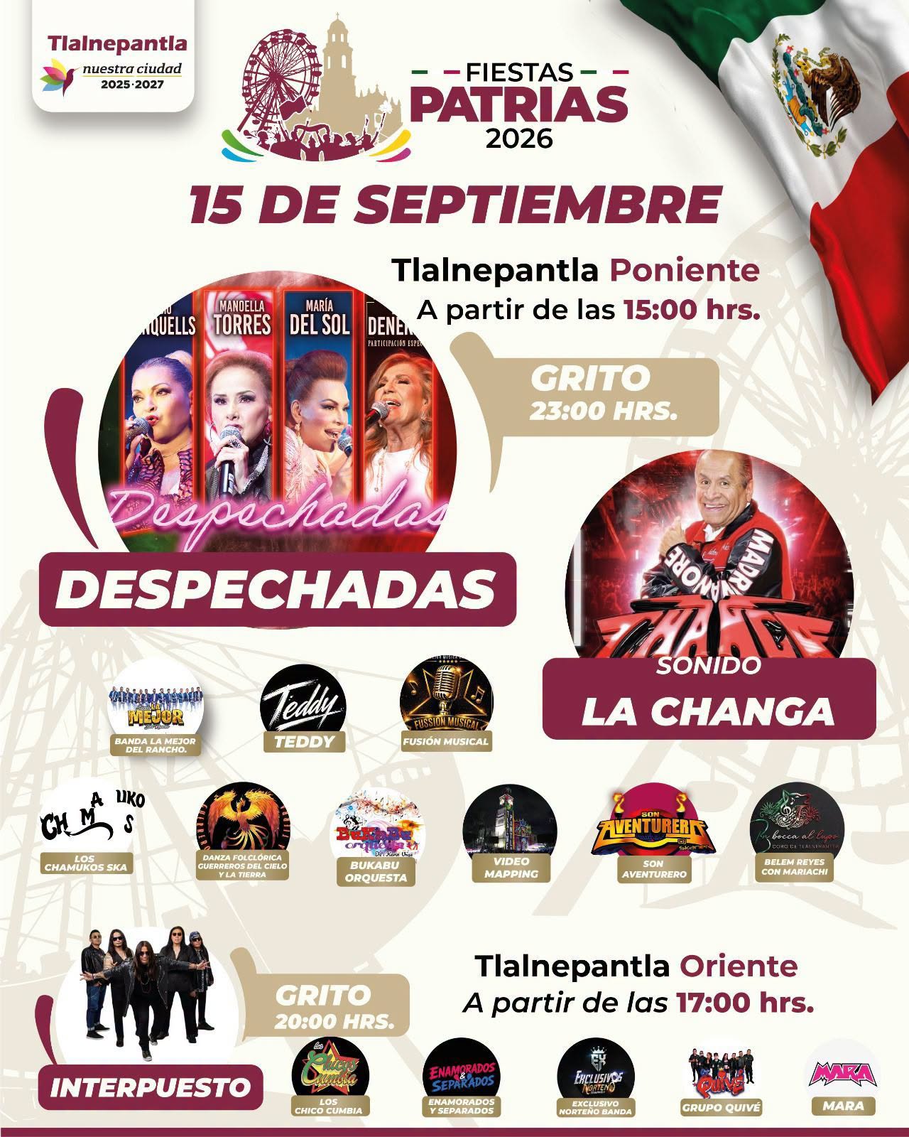 Cartelera artística Grito de Independencia Tlalnepantla 2026