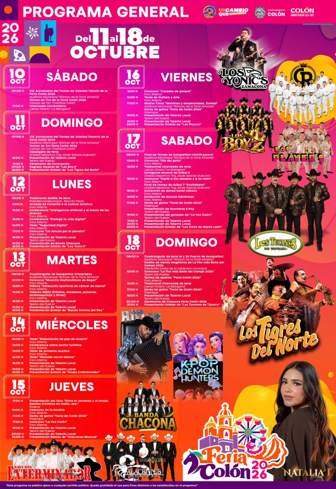 Programa completo y cartelera artística Feria de Colón 2026