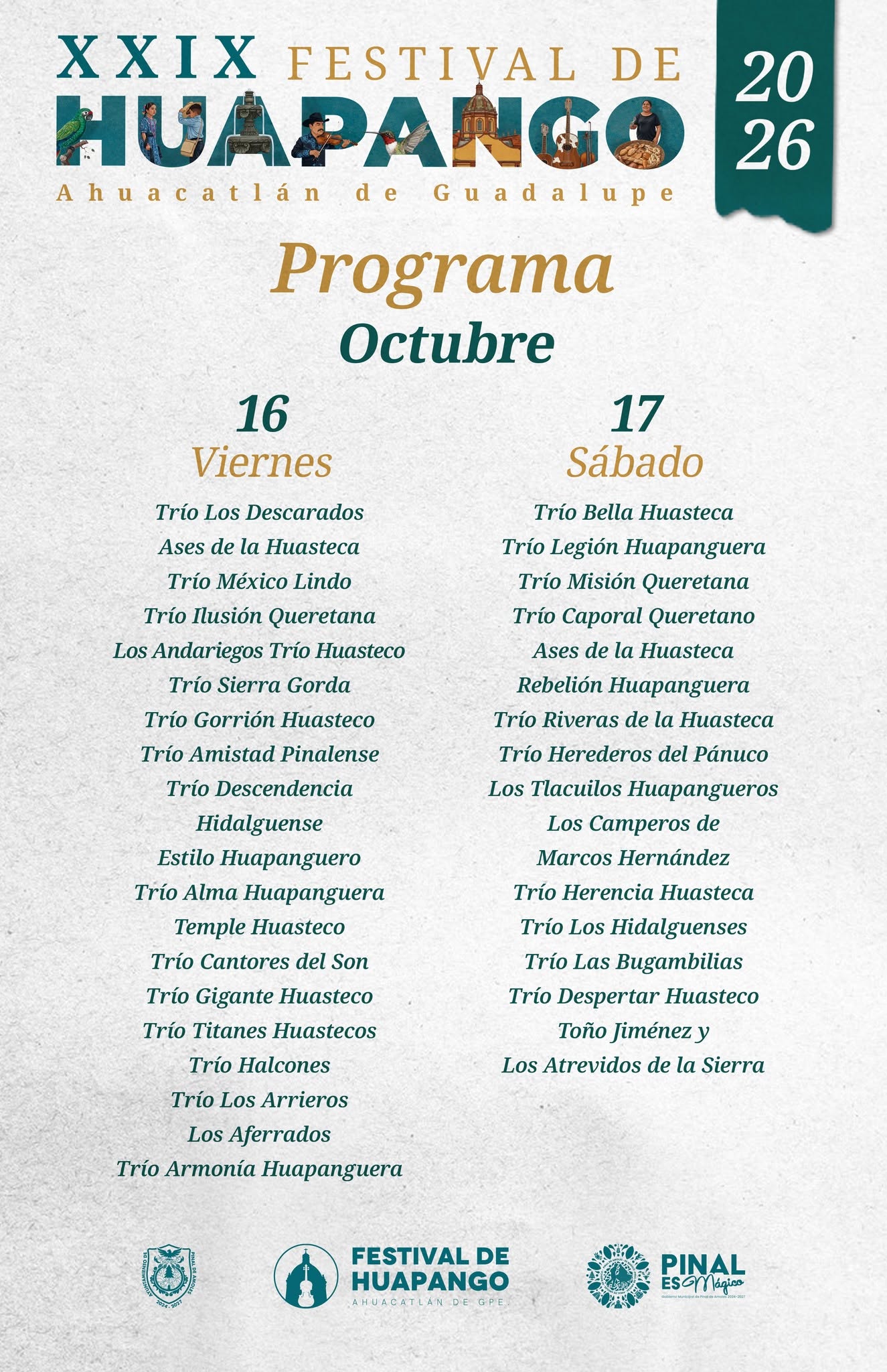 Cartelera Artística XXIX Festival de Huapango Ahuacatlán de Guadalupe 2026