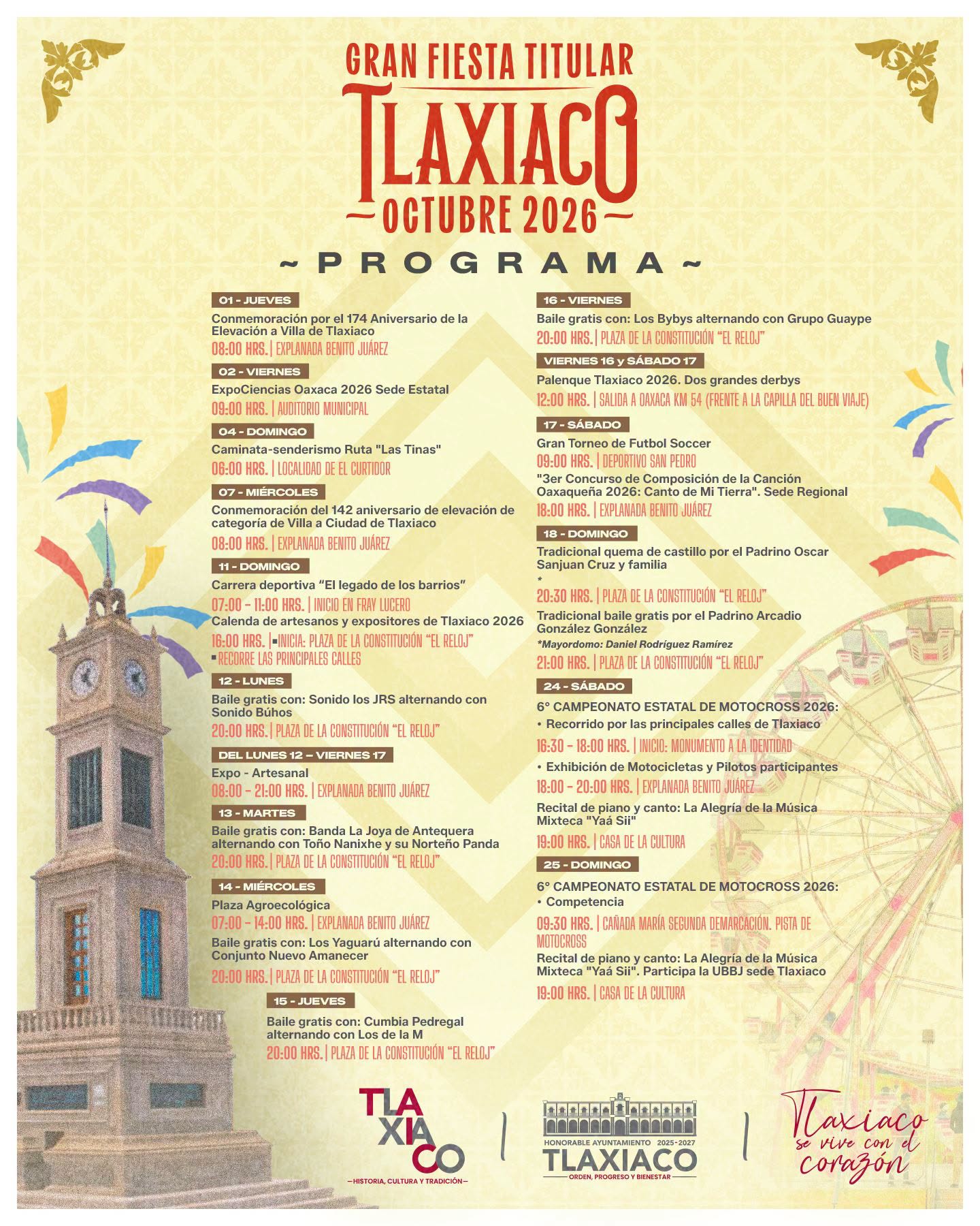 Cartelera Artística y Programa de la Fiesta Titular Tlaxiaco 2026